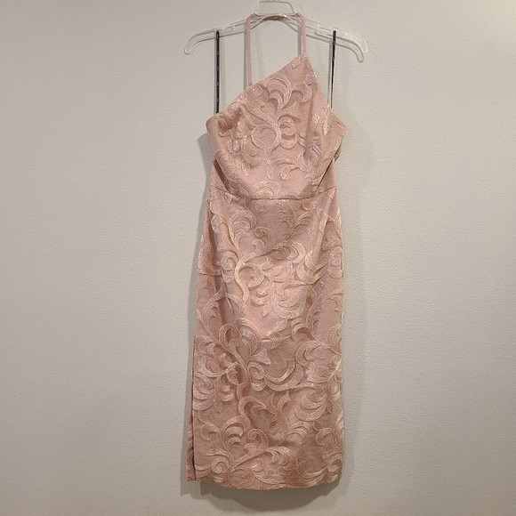Vera Wang Asymmetric Sequin Lace Blush Midi Dress - Picture 4 of 8